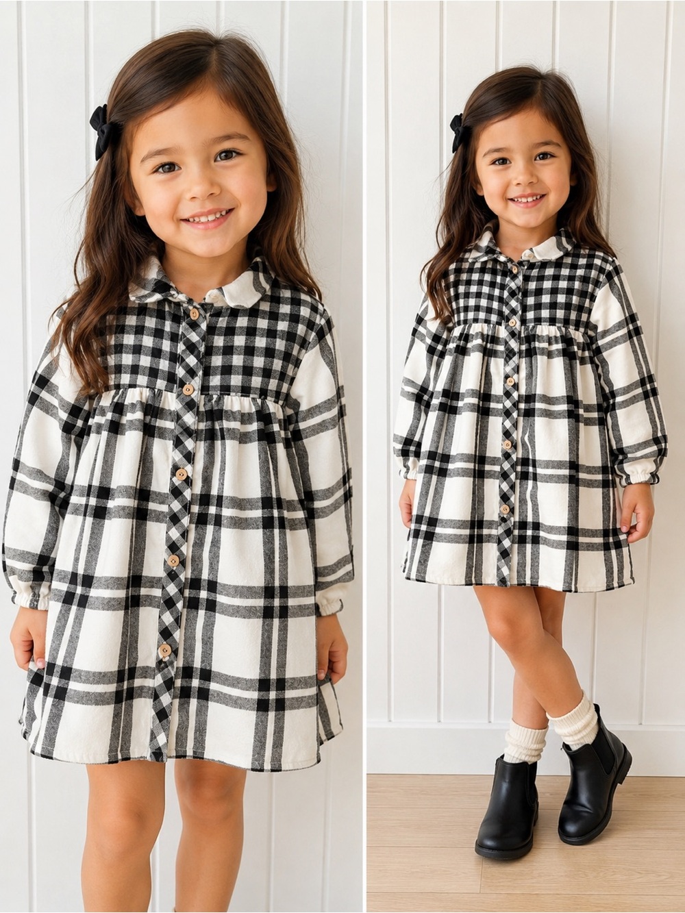 ZARA Black & White Plaid Button-Front Kids Shirt‎ Dress size 3-4